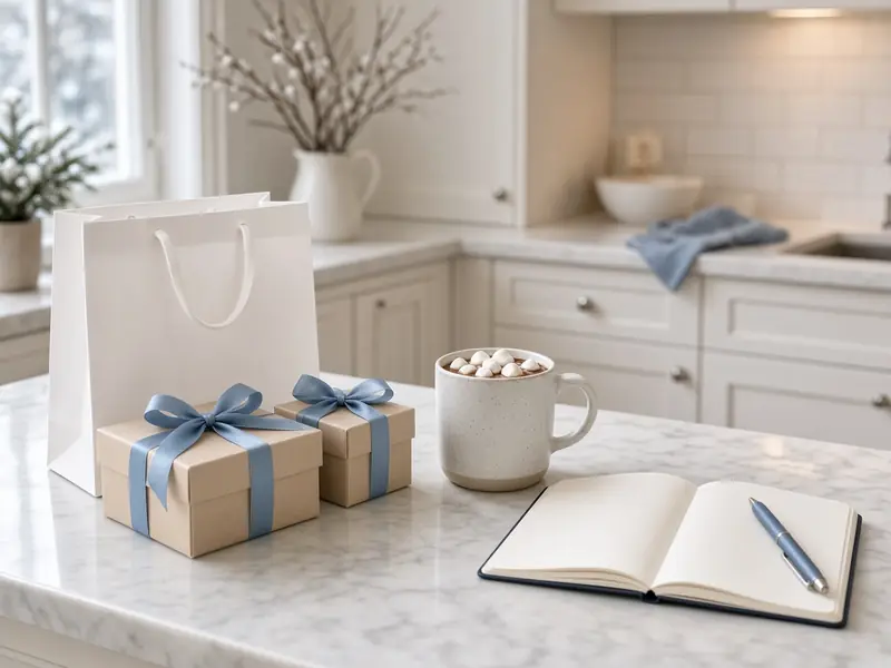 A white shopping bag, small gift boxes with blue ribbon, hot cocoa, and an open notebook on a marble counter