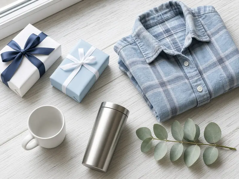 White and light-blue wrapped gifts with a blue flannel shirt, a tumbler, and eucalyptus on a whitewashed table