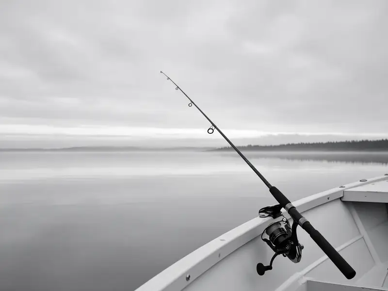 A black fishing rod and reel on the rail of a small white boat on a calm, grey lake