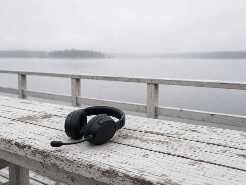 A black gaming headset on a weathered white bench on a lake-house porch
