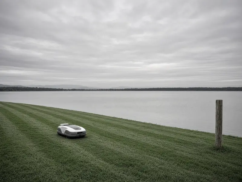 A small white robotic mower on a striped lawn sloping down to a calm lake